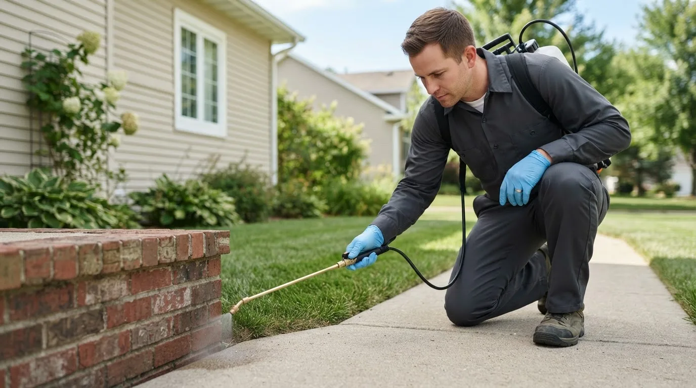 Pest control technician treating a home near Perrysville, OH