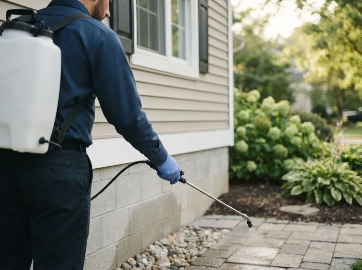 Pest control technician inspecting a home in Perrysville, OH